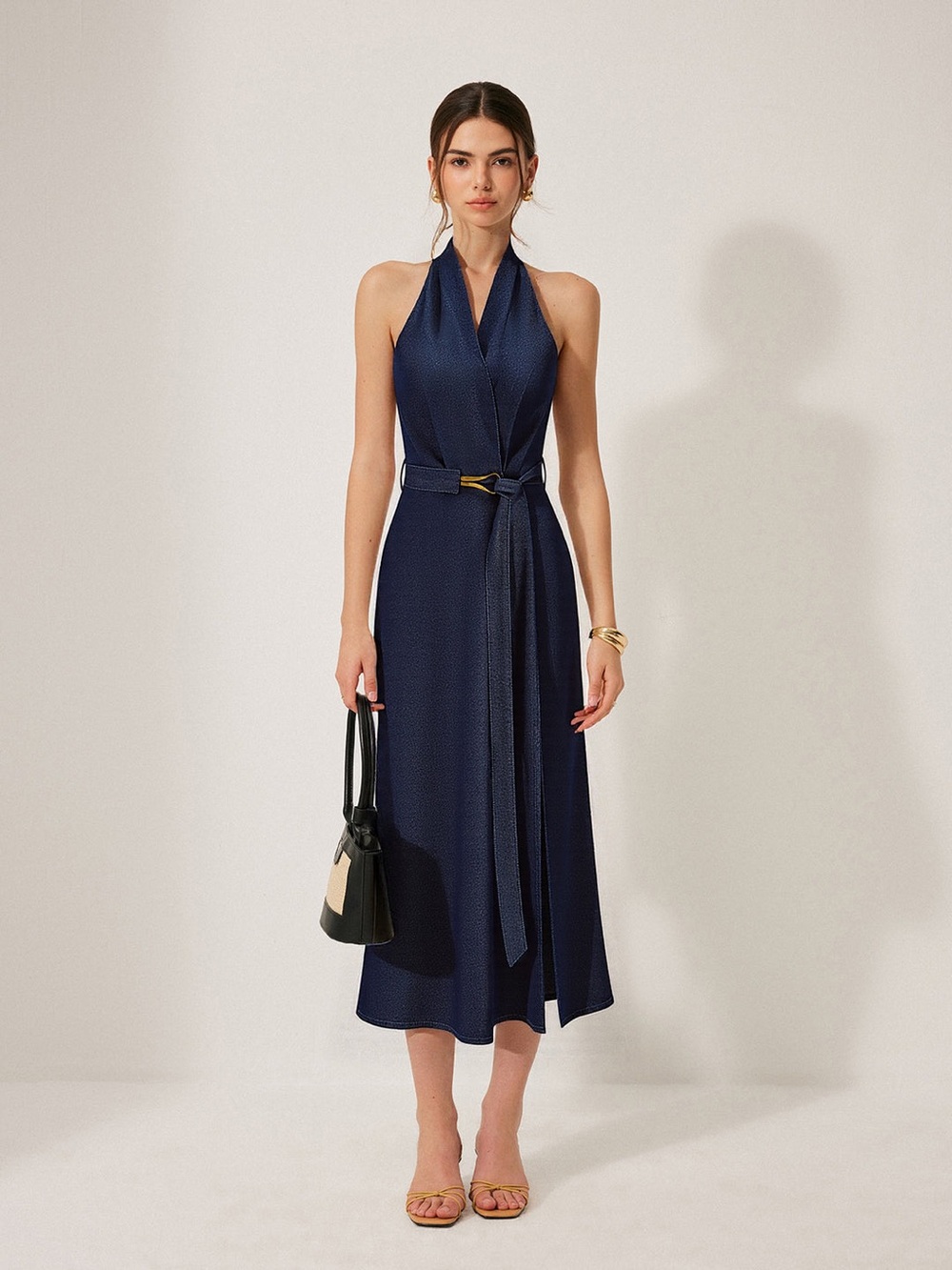 Commense Denim Belted Halter Neck Midi Dress XS SOLD OUT NWT